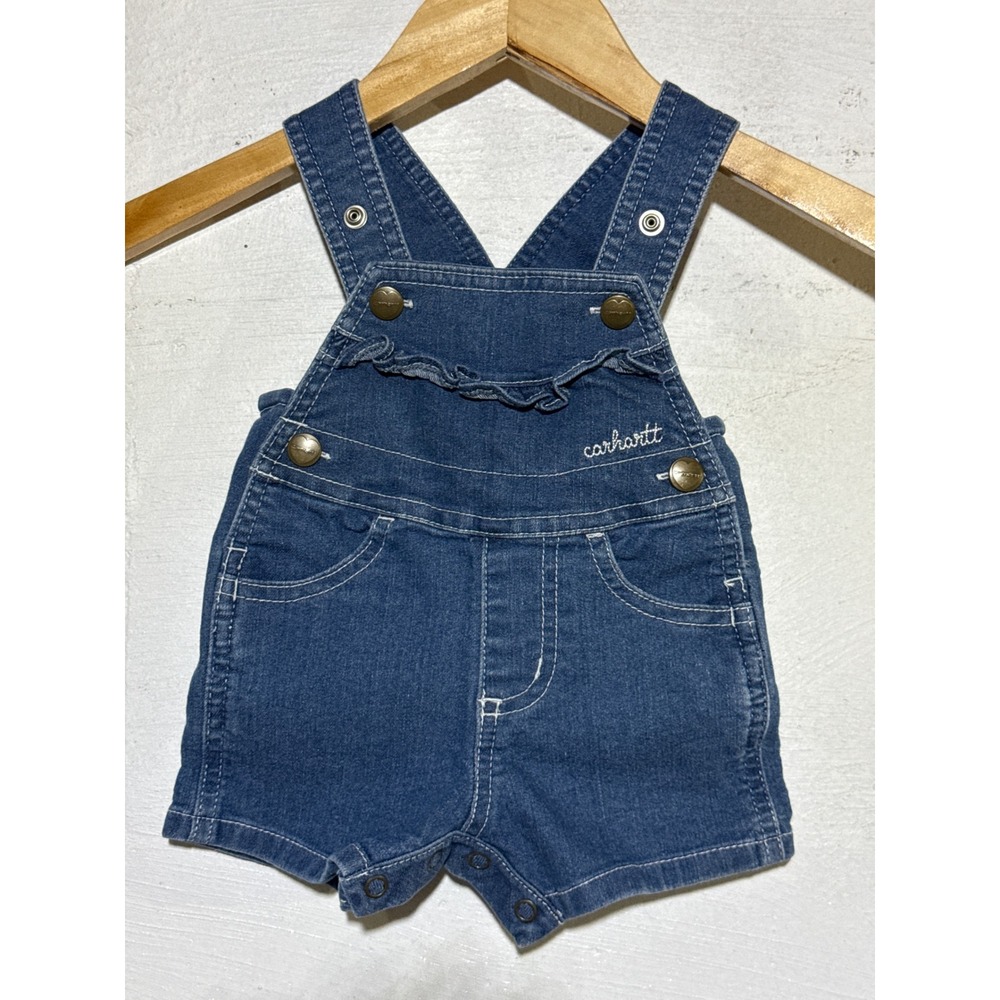 Carhartt Girls Denim Ruffle Shortall Overalls 3M Blue Cotton Stretch Americana - Picture 1 of 8